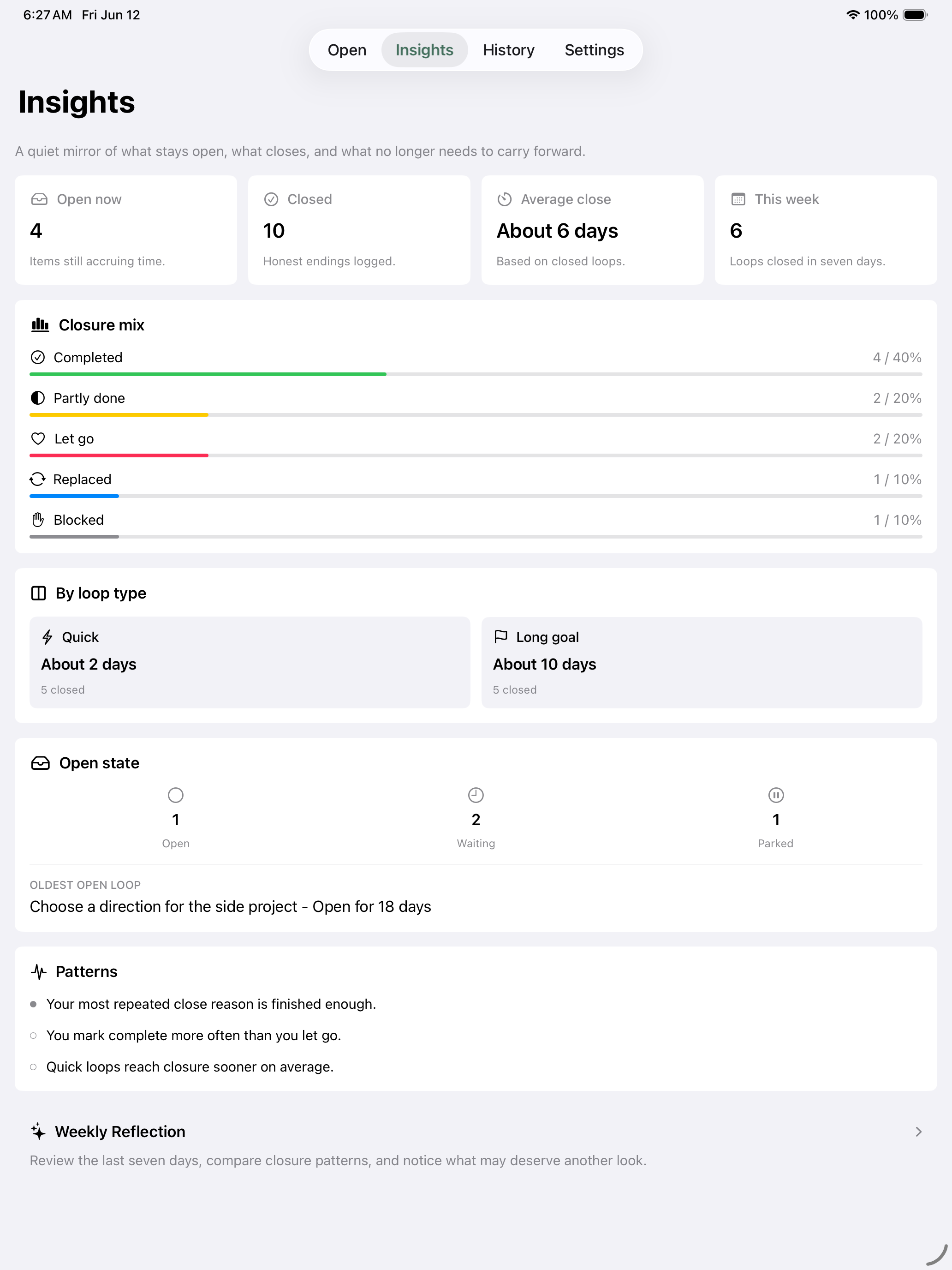 Insights dashboard on iPad with closure mix and patterns